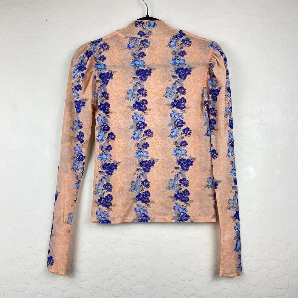 Free People Amber Semi Sheer Floral Print Mock Neck Top Womens Sz XS Boho Retro